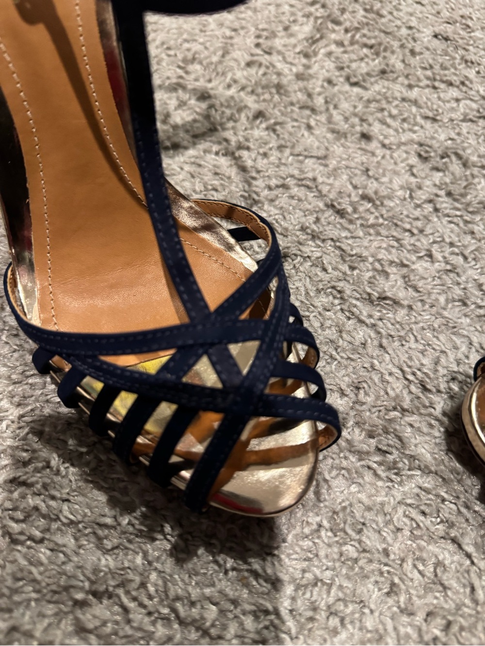 SCHUTZ Navy Strappy T-Bar High Heel Sandals with Gold Footbed - Picture 9 of 9